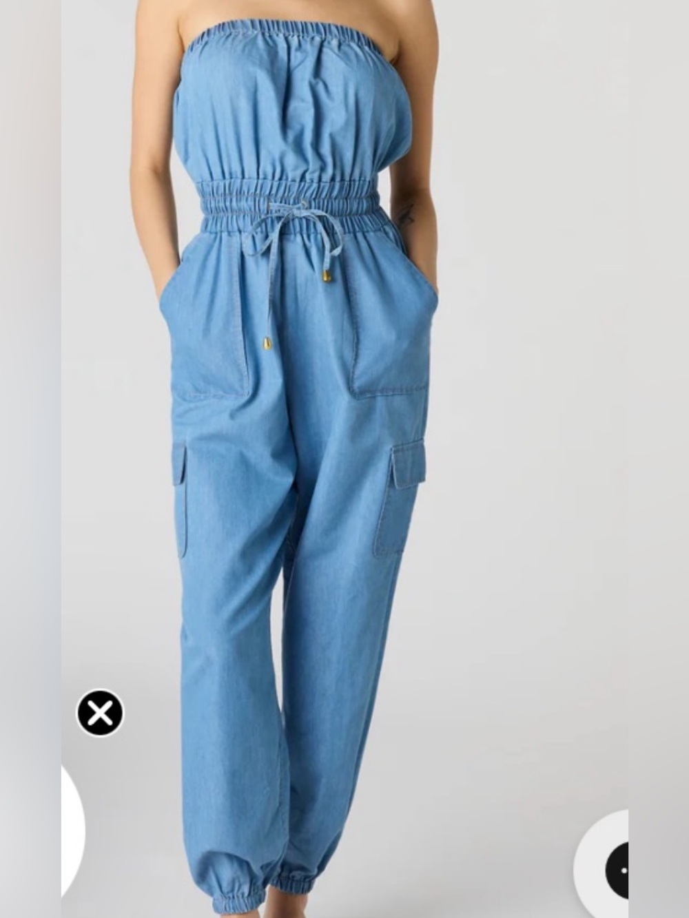 Light Blue soft Denim look Strapless Jumpsuit with Cargo Pockets